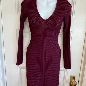 Ronny Kobo Wine Stretch V Neck Long Sleeve Knee Length Dress Lined Size S Sexy!